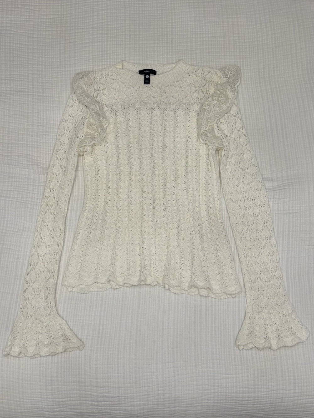 aqua white lace knit ruffle sleeve top size medium